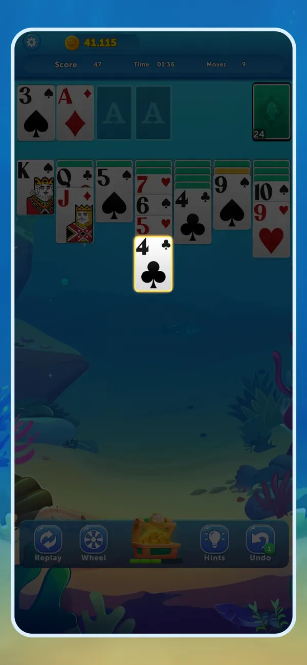 A solitaire card game in an underwater scene